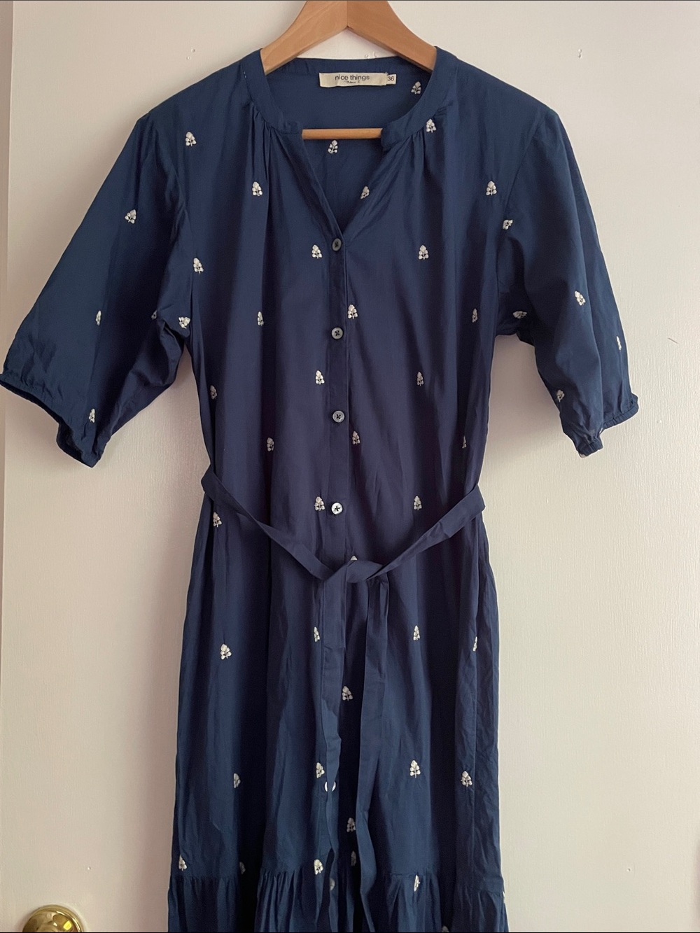 Blue Embroidered Cotton Button-Front Midi Dress with Tie Waist